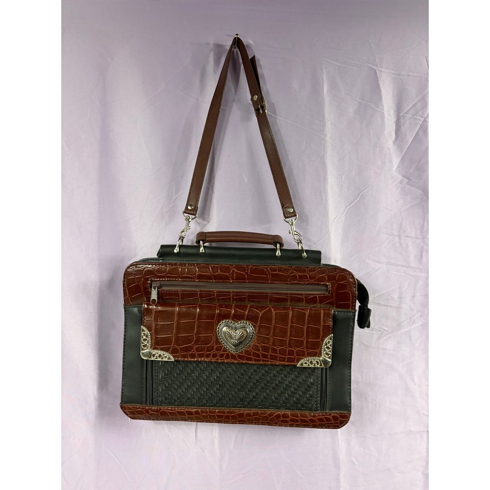 Western Heart Faux Croc Briefcase Bag Brown Black Woven Crossbody Laptop Case